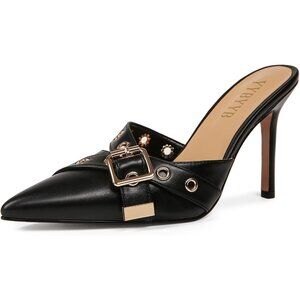 Women's Black High Heel Pointed Closed Toe Mule Heels Bow Studded  Stiletto Heel